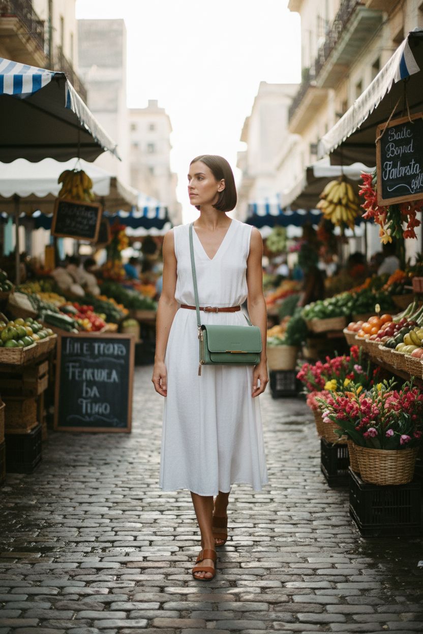 Sage green Roulens Small Crossbody Bag, ideal for farmers' market adventures with easy access to essentials