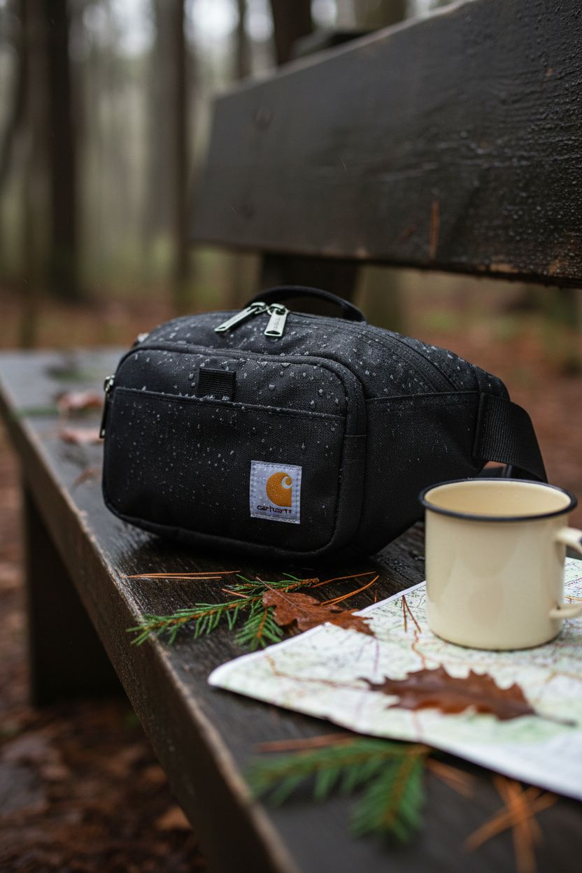 Carhartt Classic Sling Bag on a weathered bench, highlighting its durable material and outdoor readiness.