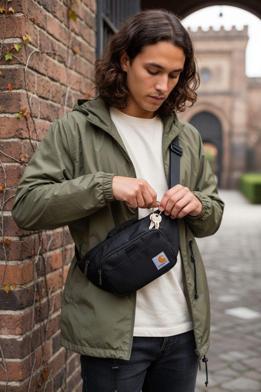 Carhartt Classic Adjustable Sling Bag in black worn crossbody, showcasing functionality and style.