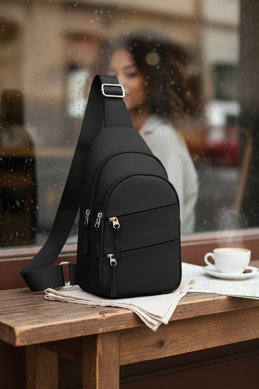 Tuwubi sling pack resting in a cozy café, ideal for travel and relaxation.