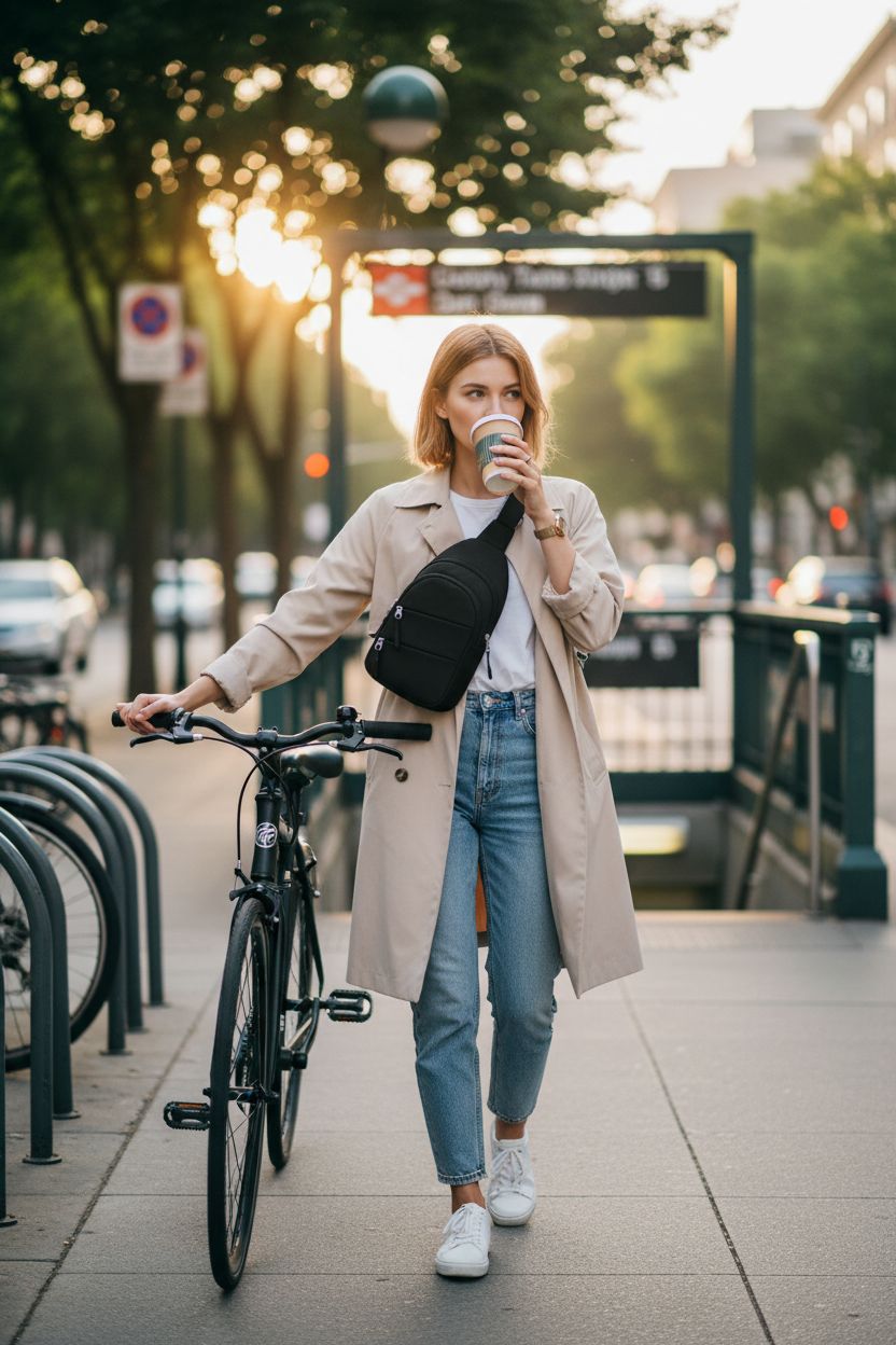 Tuwubi crossbody sling bag for women, perfect for commuting with coffee in hand.