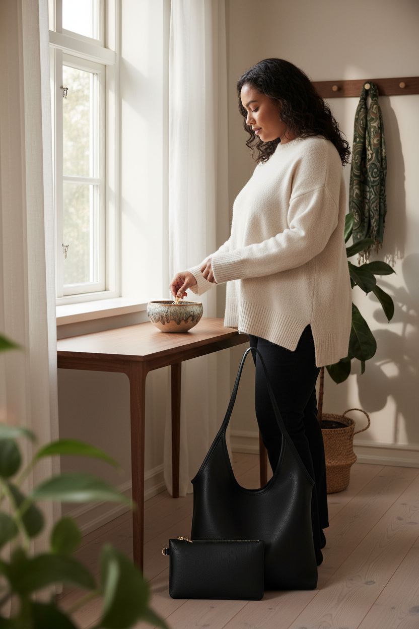 Montana West slouchy tote bag resting in a cozy entryway, radiating warmth and style