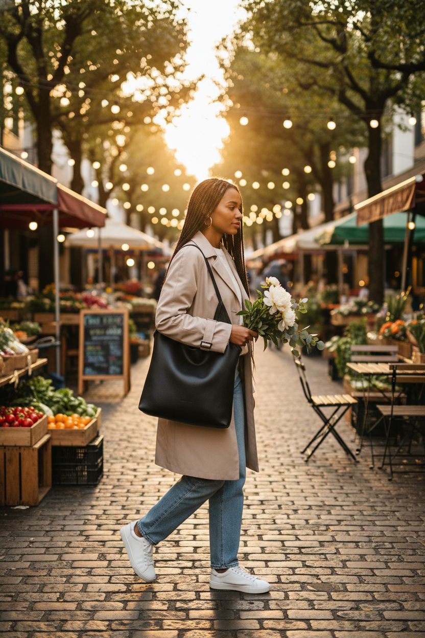 Montana West slouchy tote bag in vegan leather at a farmers market, showcasing floral charm