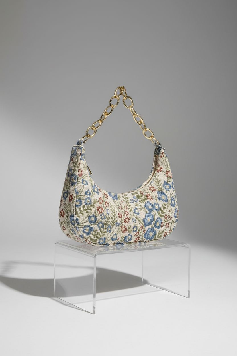 Verdusa Beaded Crescent Purse with intricate beadwork and gold chain on a gray backdrop.