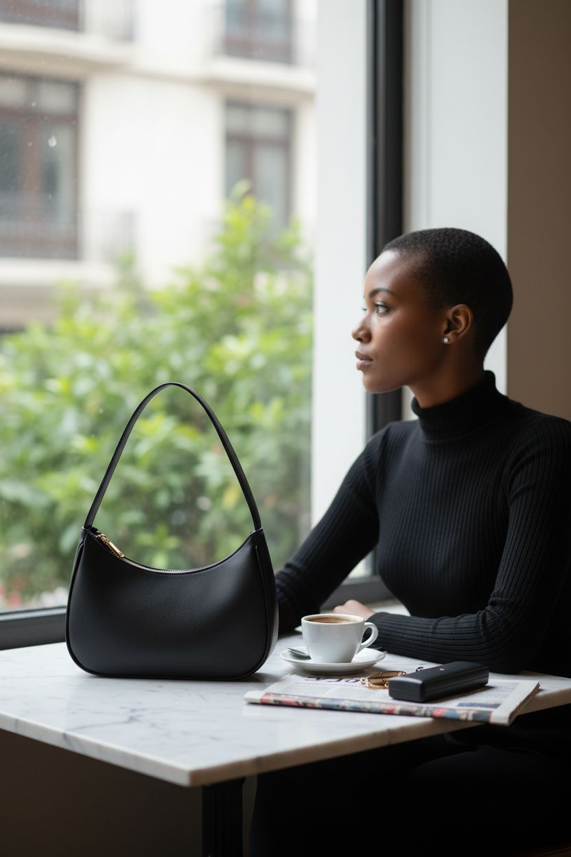 CYHTWSDJ small black purse elegantly placed on a marble table, capturing a cozy café vibe.