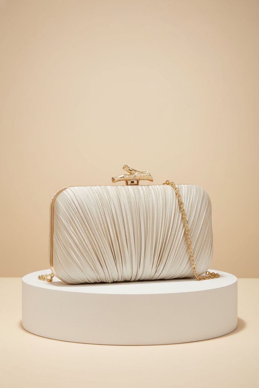 Freie Liebe pleated clutch bag on studio pedestal, highlighting craftsmanship and design