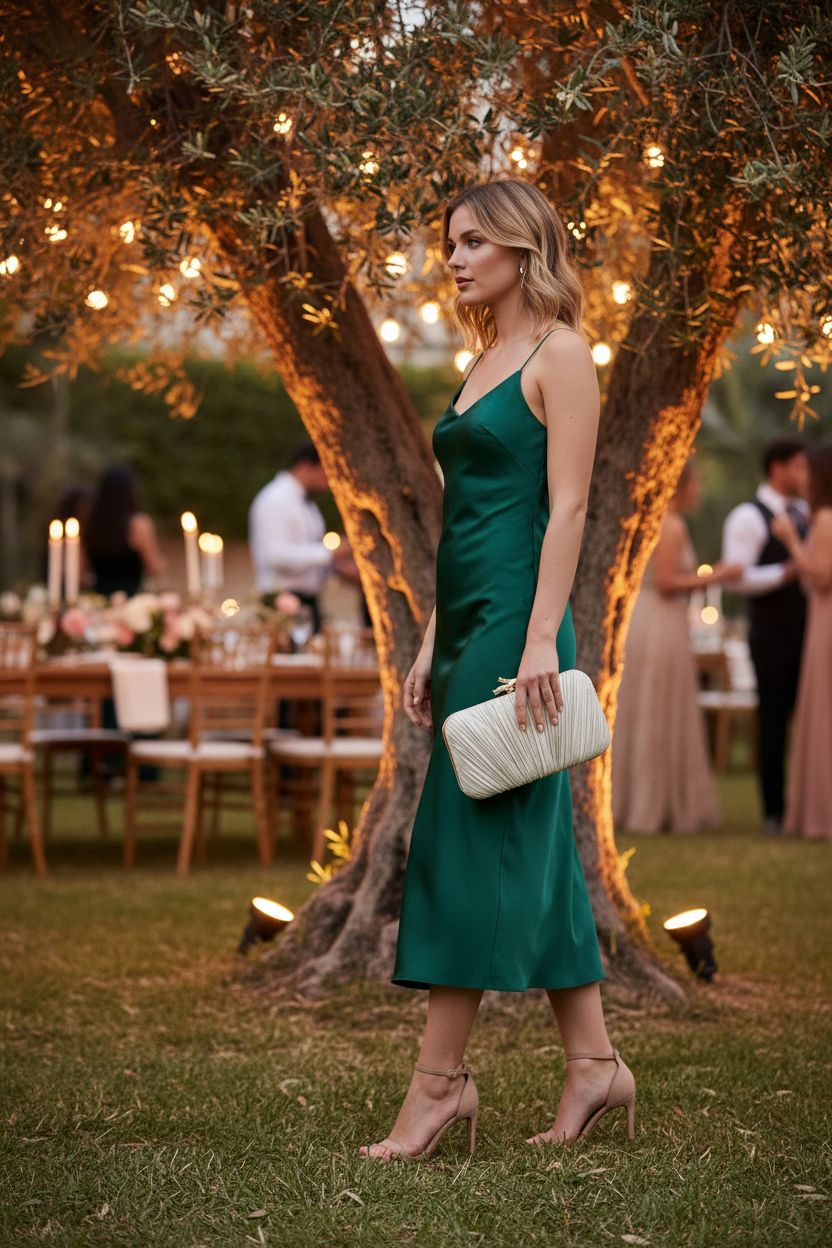 Freie Liebe pleated clutch bag at sunset garden wedding, glowing under string lights