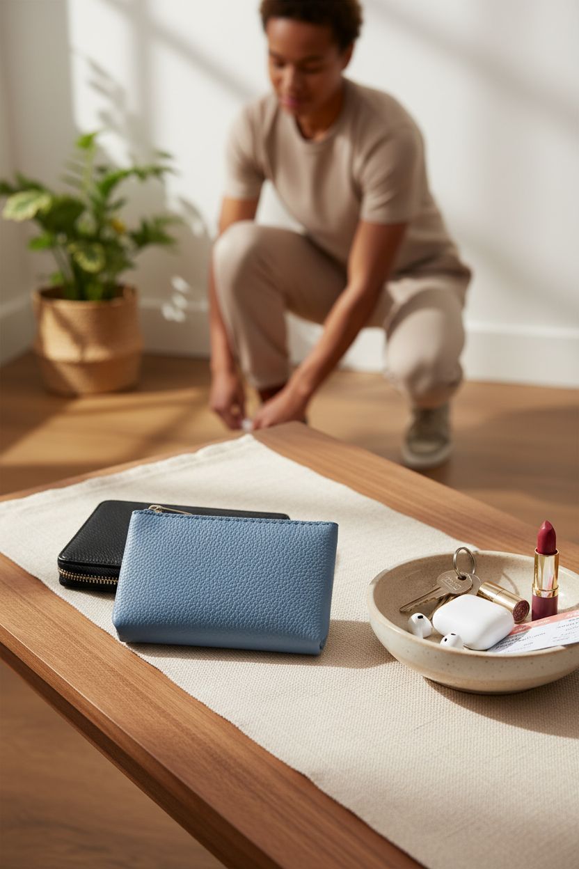 KALIONE blue coin purse on a walnut console with keys and lipstick, showcasing style.