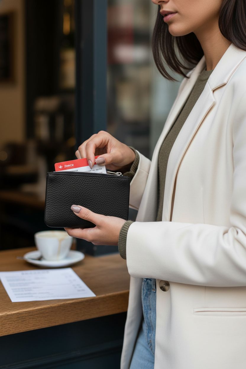 KALIONE black PU leather coin purse unzipped to reveal transit card and coins.