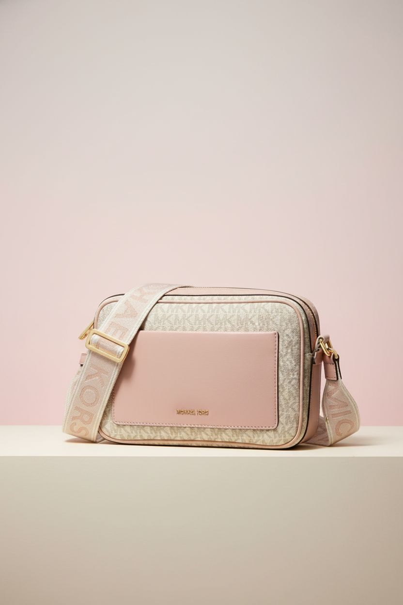 Michael Kors Maeve Large Pocket Crossbody Bag on a neutral backdrop, highlighting its luxury features.