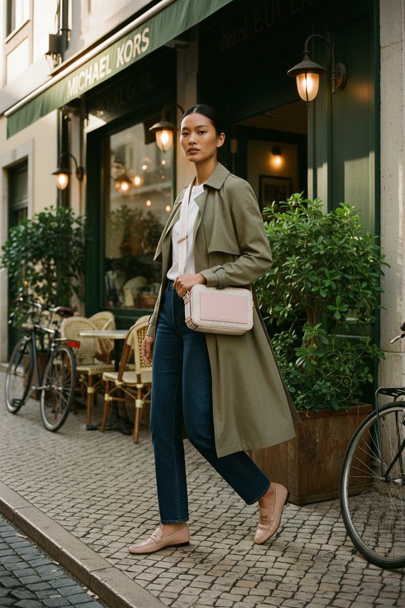 Michael Kors Maeve Large Pocket Crossbody Bag in soft pink, styled outdoors at a chic café.