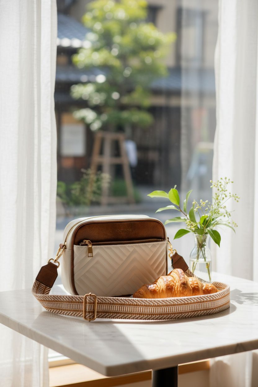 BOSTANTEN beige handbag on marble table with croissant and greenery.