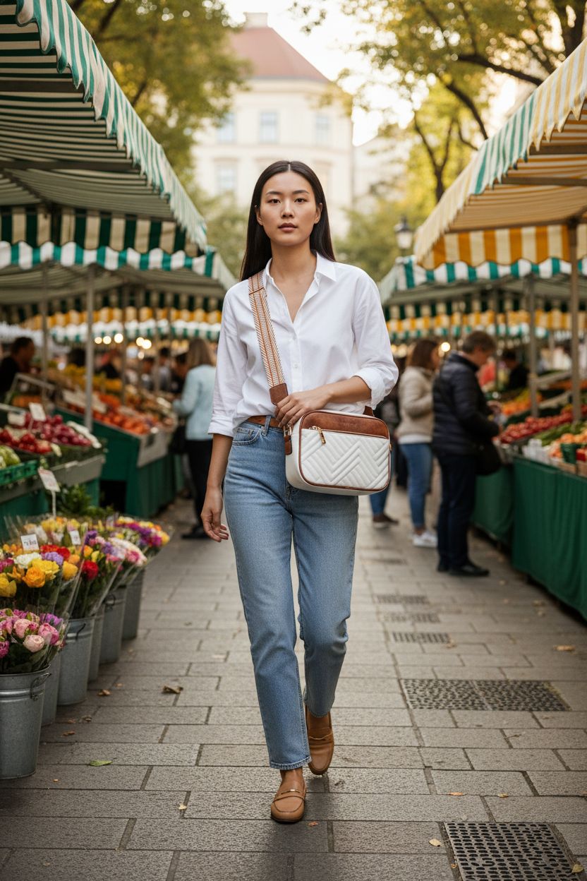 BOSTANTEN quilted crossbody bag in beige with brown strap at a farmers market.