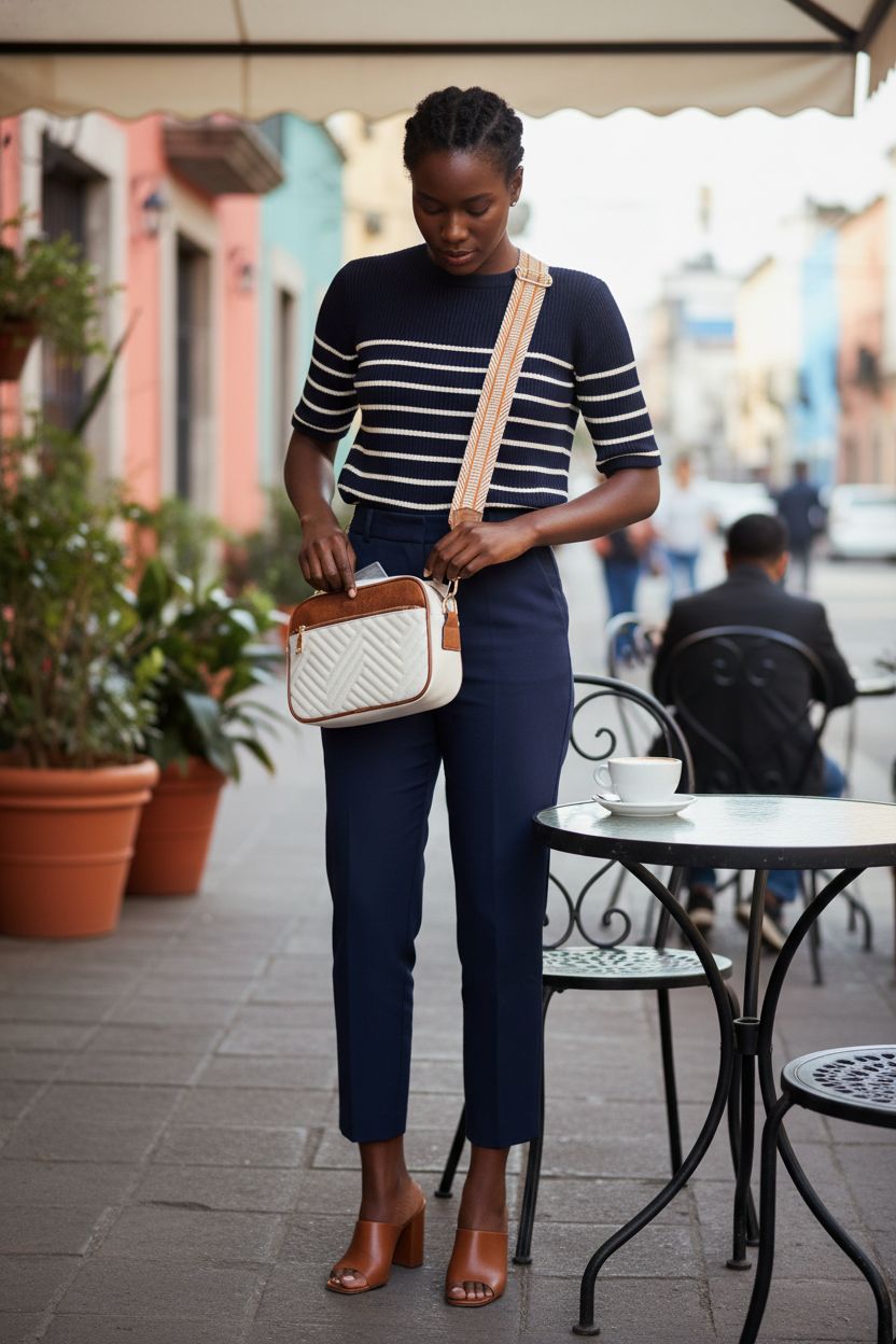 BOSTANTEN vegan leather crossbody bag showcased at a café with cappuccino.