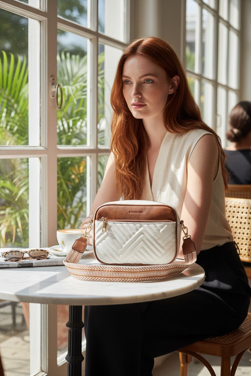 BOSTANTEN small purse beside a cappuccino on a café table, creating a cozy morning vibe with warm sunlight.