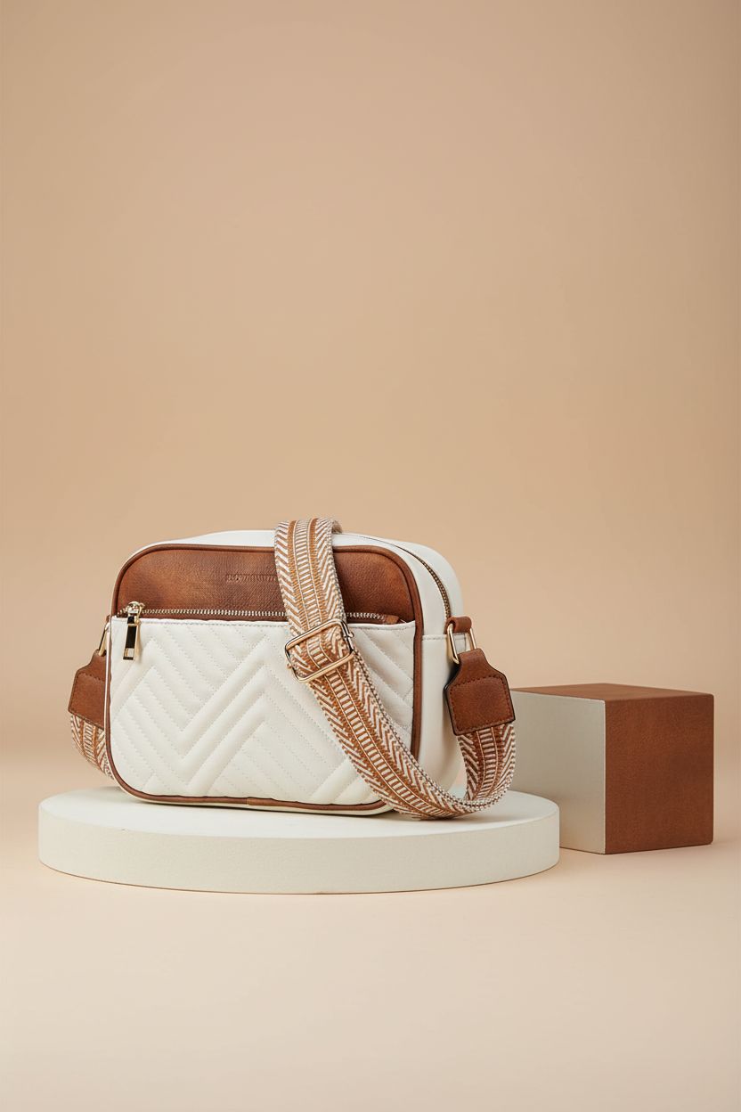 BOSTANTEN quilted crossbody bag in beige and brown, highlighting its design details on a minimal studio backdrop.