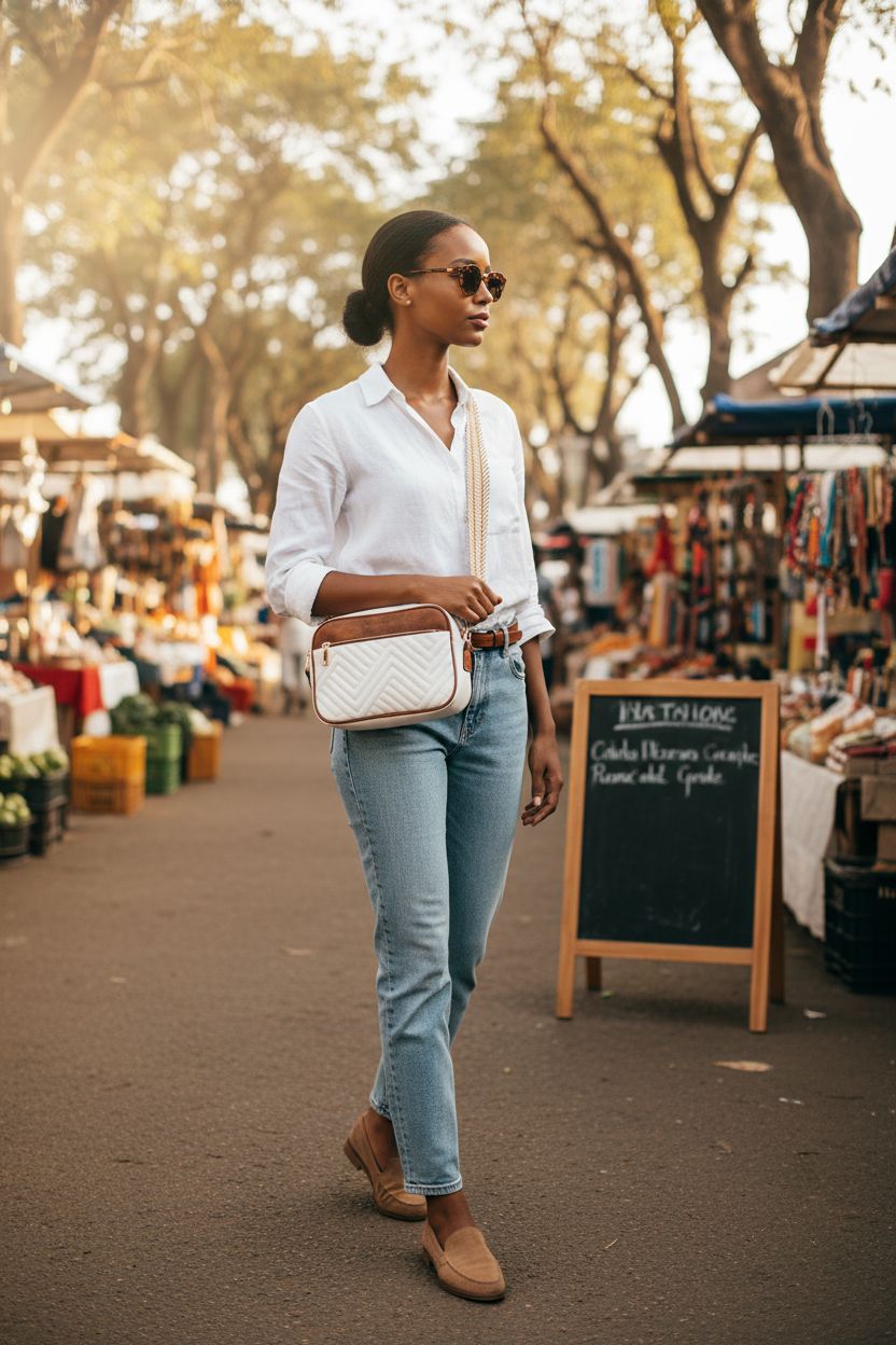 BOSTANTEN vegan leather small purse in beige with brown trim, styled with casual outfit at a vibrant outdoor market.