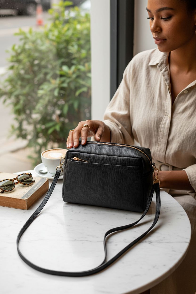 FashionPuzzle small crossbody bag beside a cappuccino in a cozy café, highlighting its stylish design.