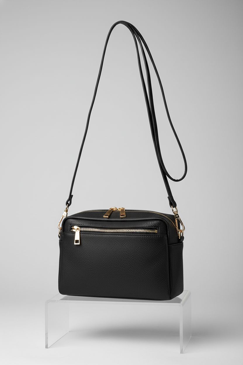 Close-up of FashionPuzzle triple zip small crossbody bag on a gray backdrop, emphasizing its quality.