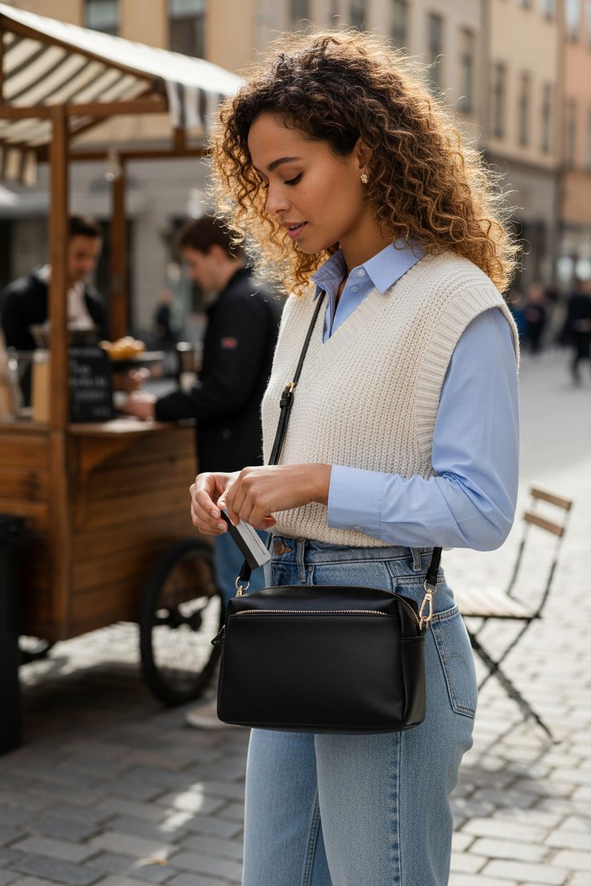 FashionPuzzle triple zip small crossbody bag in black, showcasing quick access and organization.