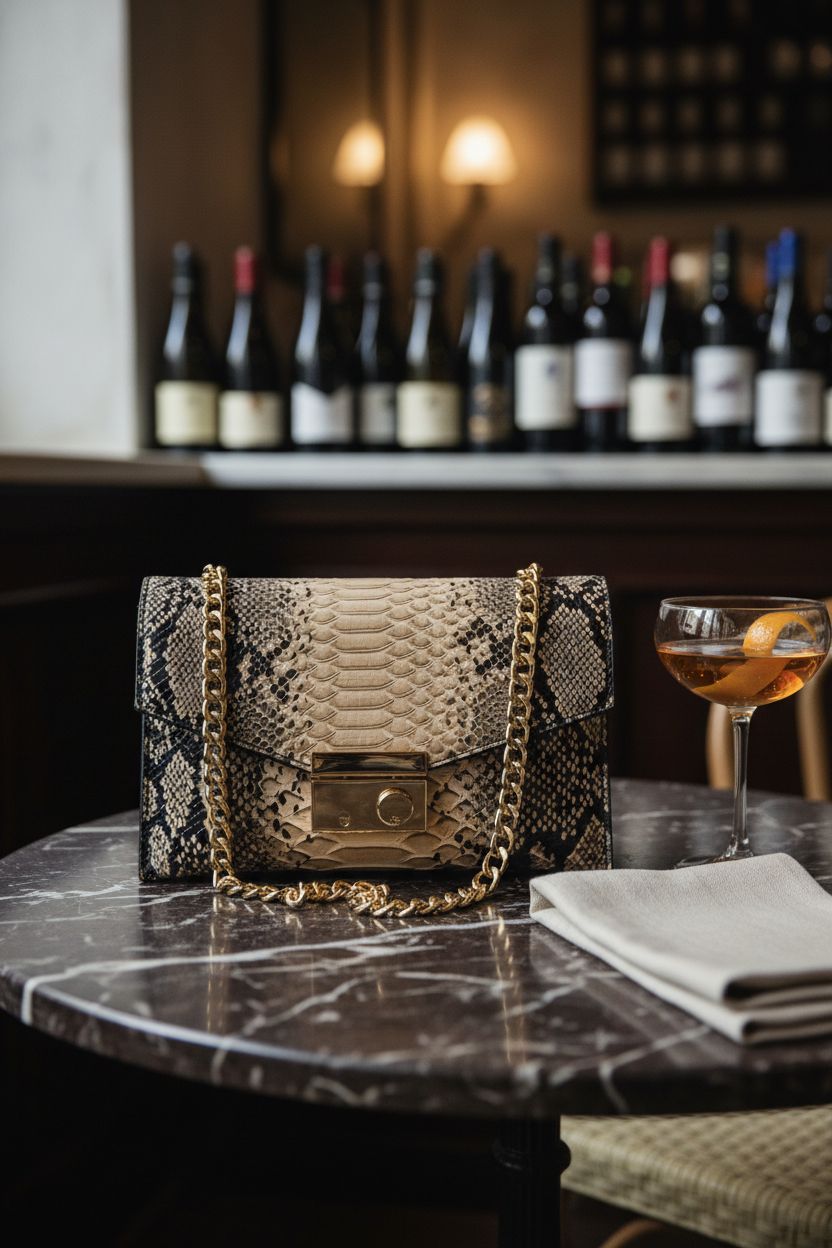 Generic snake print purse elegantly displayed on a marble table, highlighting its luxury design.