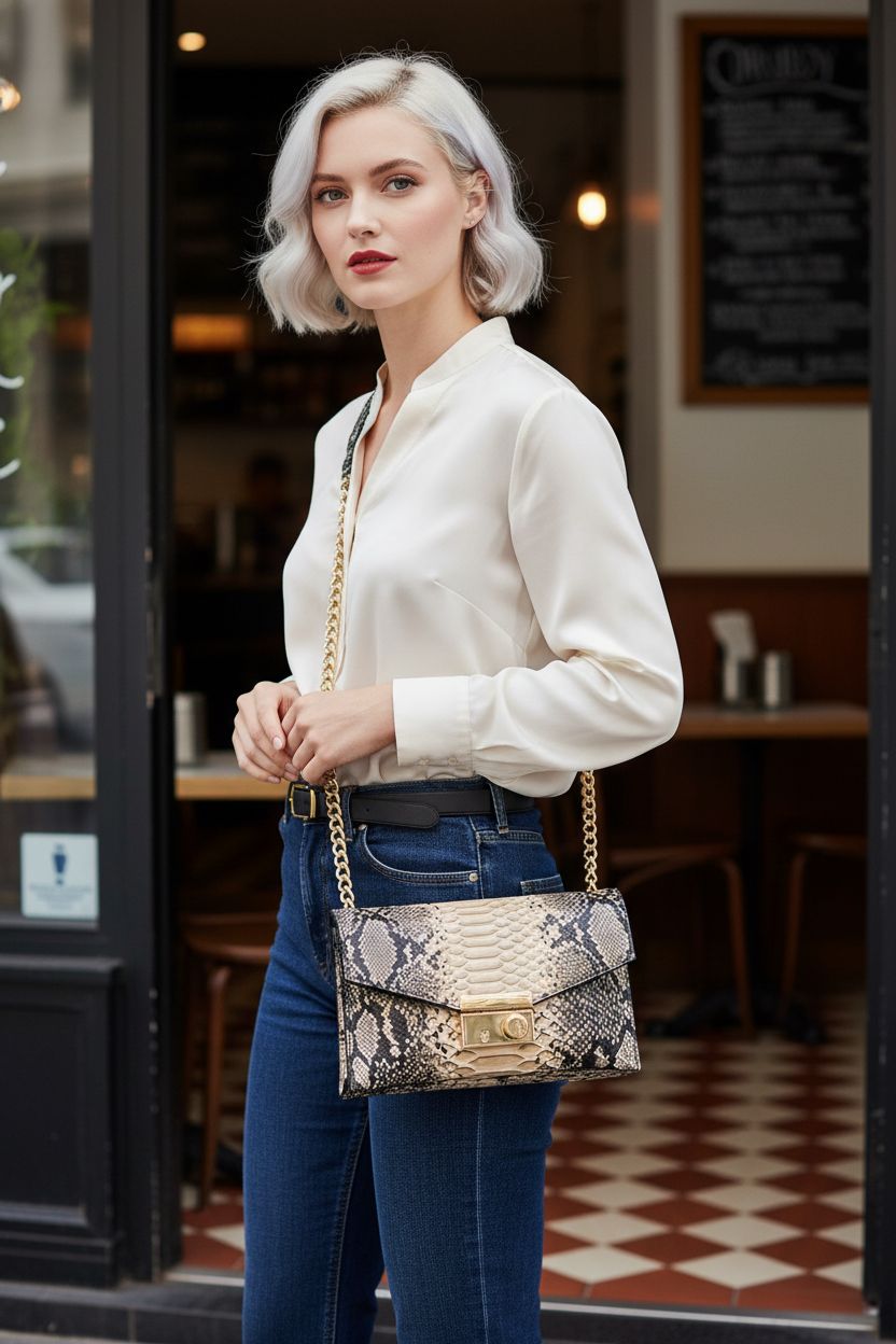 Women's Retro Chain Shoulder Bag in snake print by Generic, styled with gold accents.