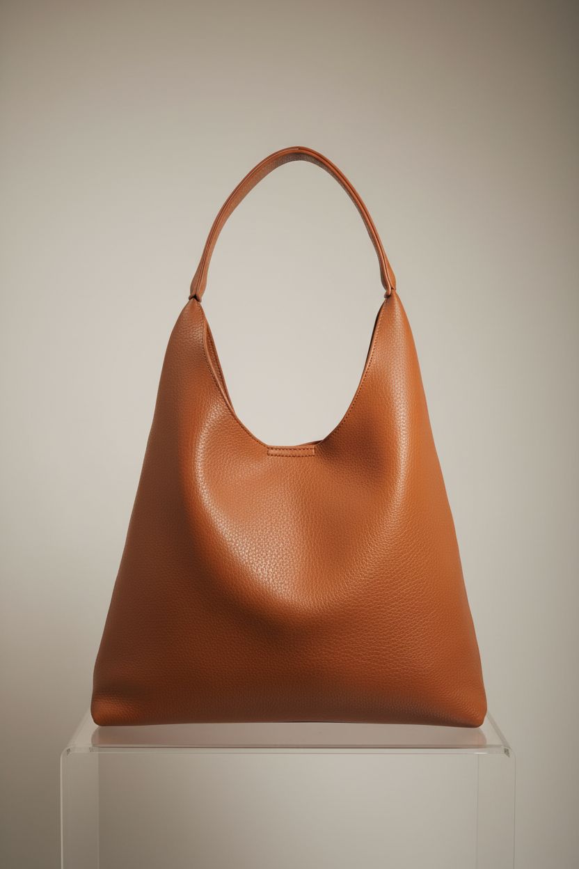HOXIS orange-brown hobo bag displayed on a pedestal, highlighting its soft vegan leather design.