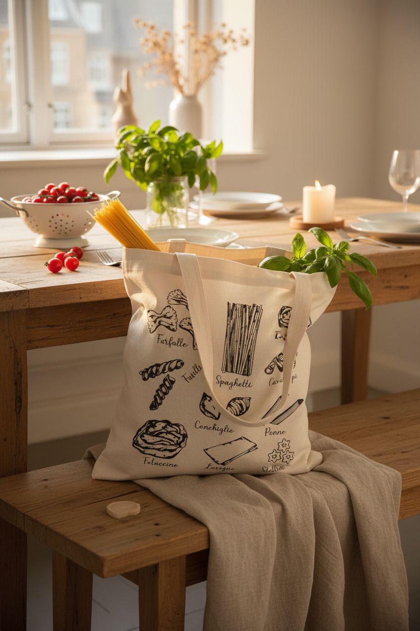 PWHAOO spaghetti bag on a cozy dining nook bench, ready for a pasta night setting with warm ambiance.