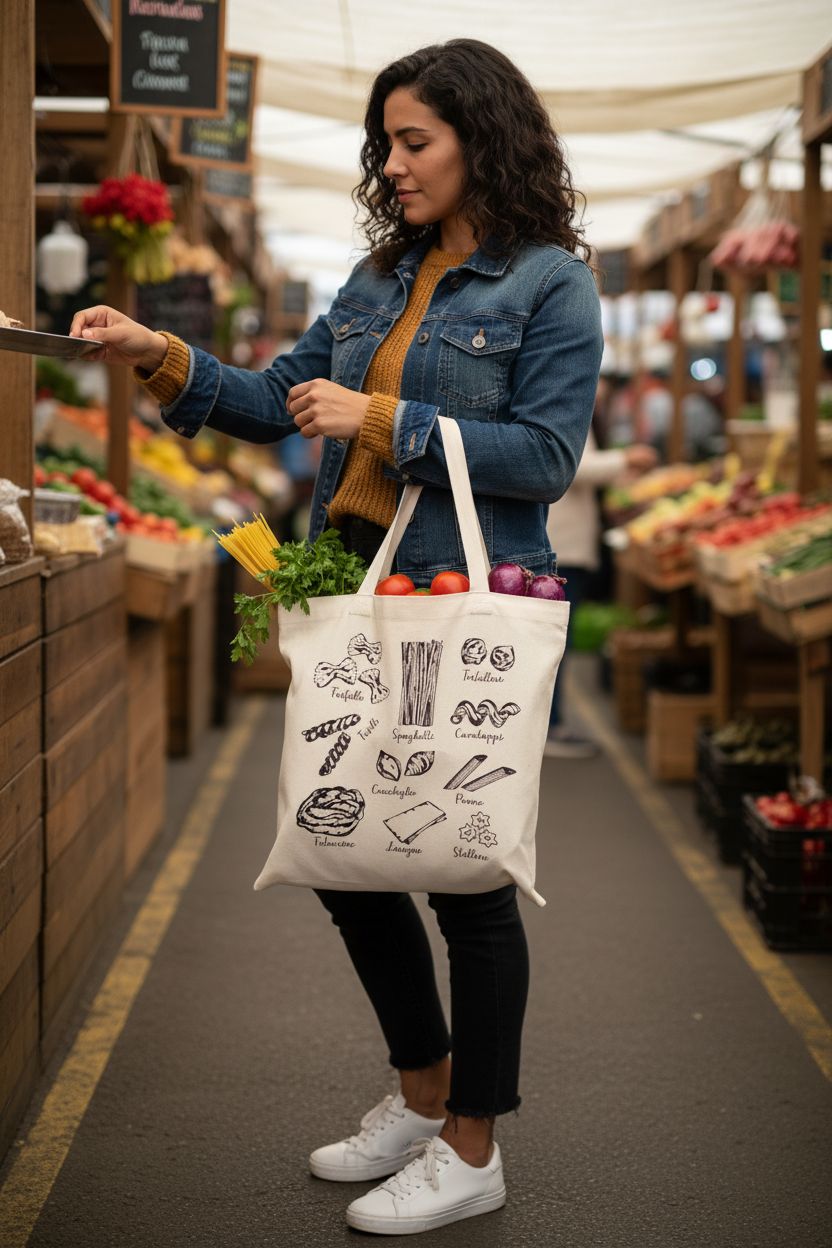 PWHAOO spaghetti bag at a farmers' market, showcasing a pasta design while carrying groceries.