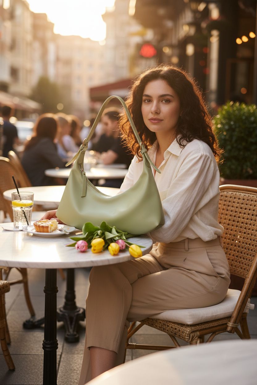 Montana West sage crescent bag elegantly displayed at a sunny café with fresh tulips.