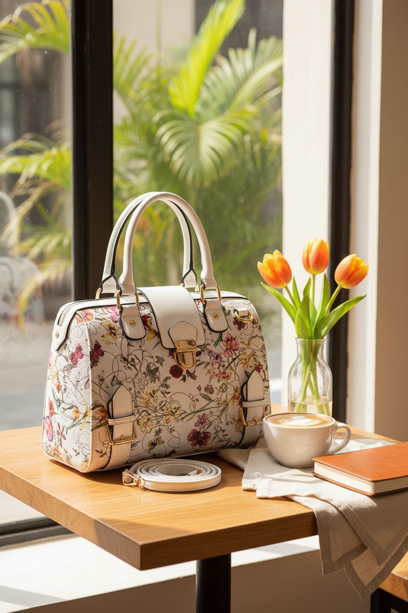 Dasein floral handbag resting on a café table, surrounded by tulips and a cozy spring ambiance.