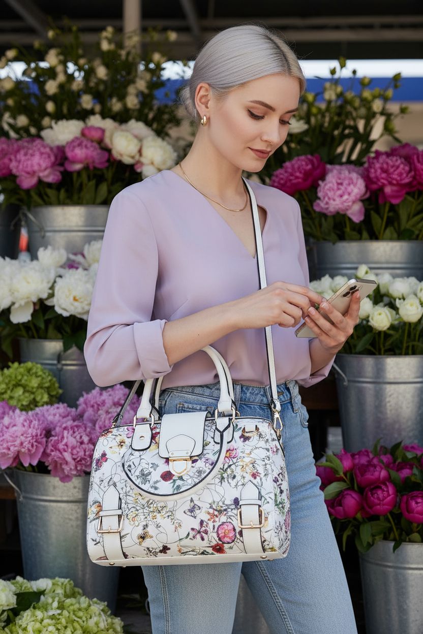 Dasein white floral barrel handbag in a New York market setting, showcasing vegan leather and functional pockets.