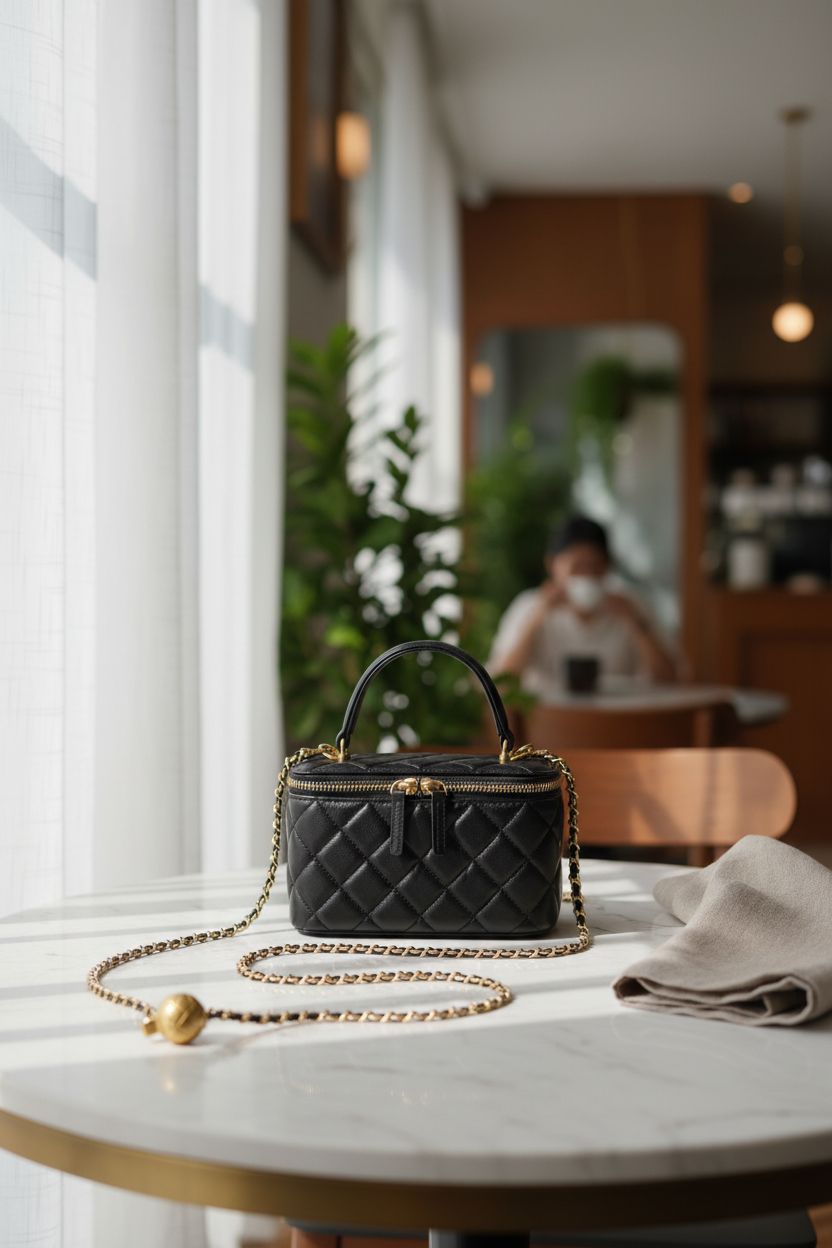 DORIS&JACKY compact black quilted square bag on marble table, gold charm and zippers visible