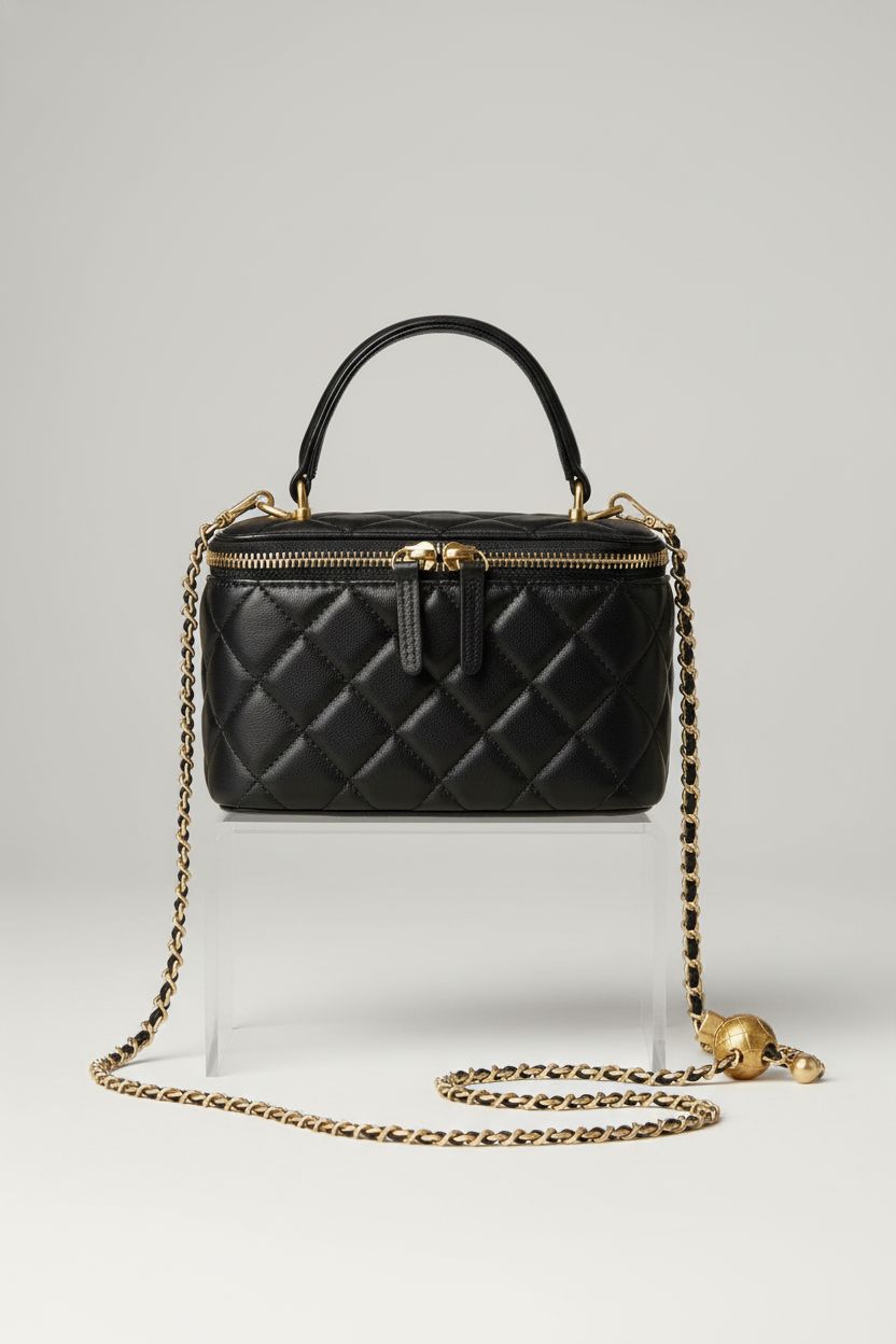 DORIS&JACKY mini square bag showcased on acrylic riser, highlighting quilted texture and gold hardware
