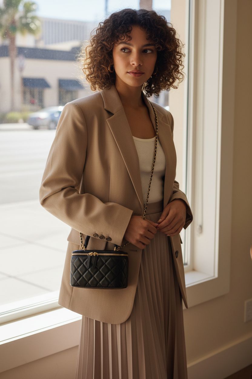 DORIS&JACKY black quilted square box crossbody purse with chain strap resting on hip