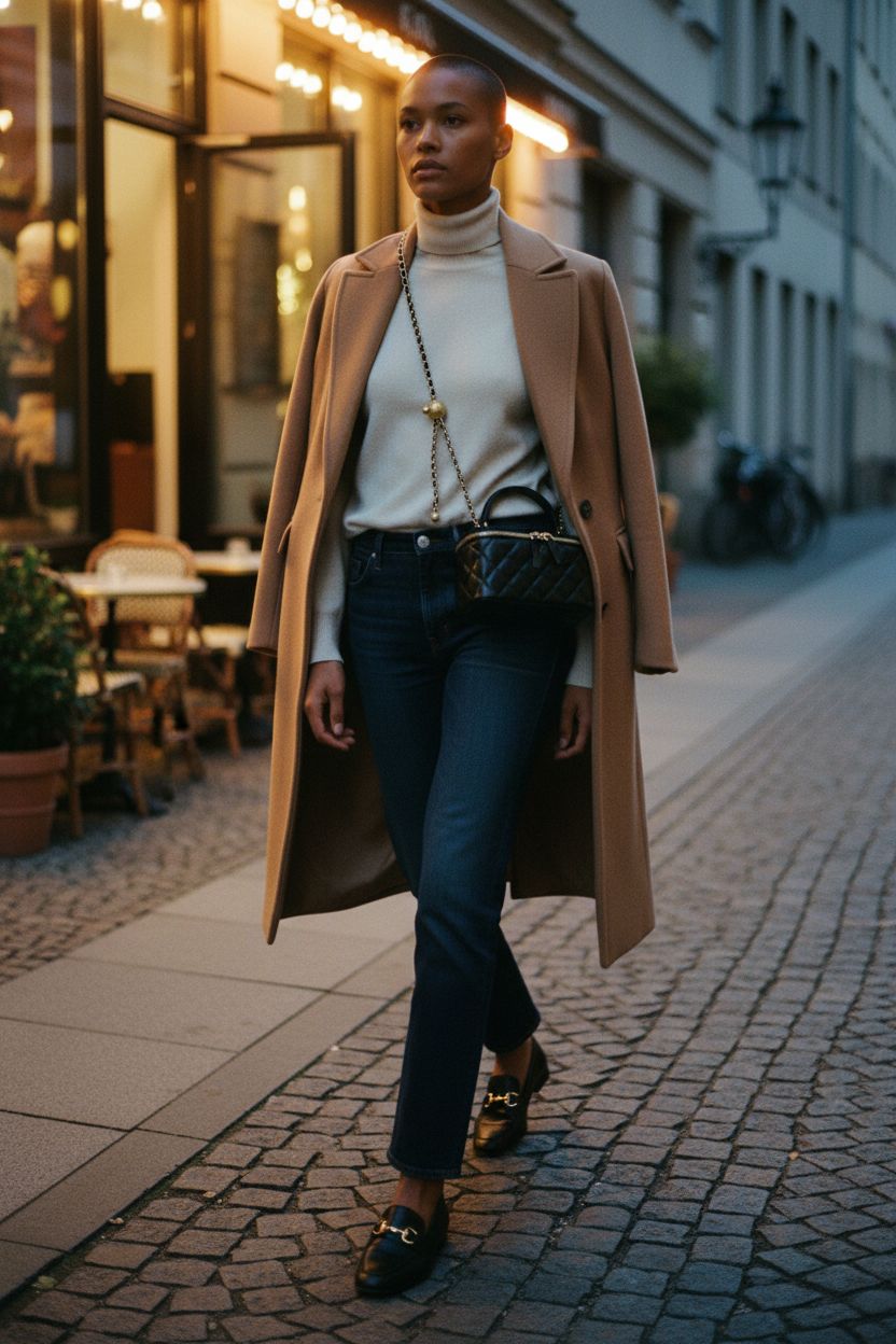 DORIS&JACKY mini black quilted square purse worn crossbody, gold chain shimmering in café light