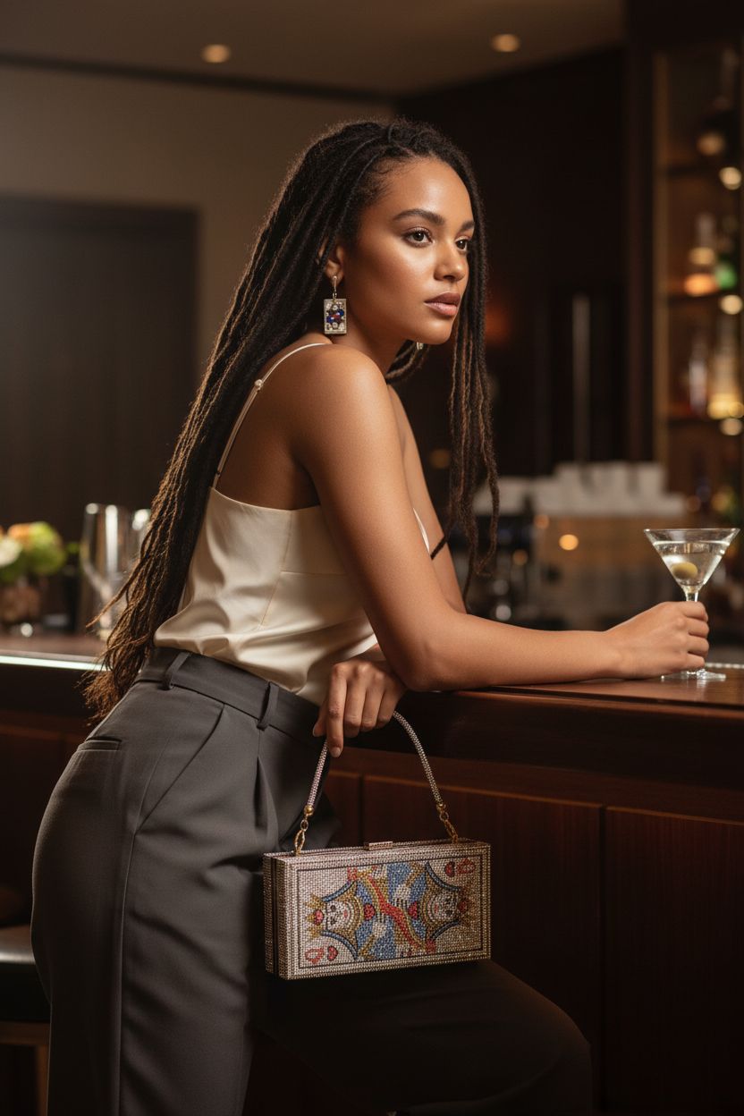 Chic pearl&she Diamond evening clutch bag resting on a bar in a stylish cocktail lounge