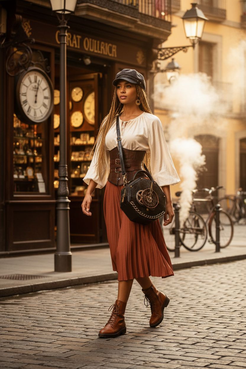 KOTORA black octagonal crossbody bag in Victorian street setting, perfect for steampunk lovers.