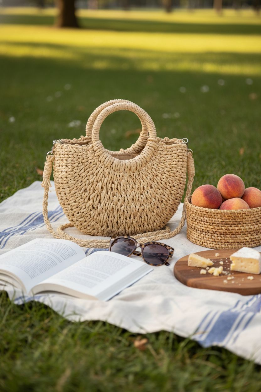 Dailyacc straw bag on a picnic blanket surrounded by summer snacks and a book.