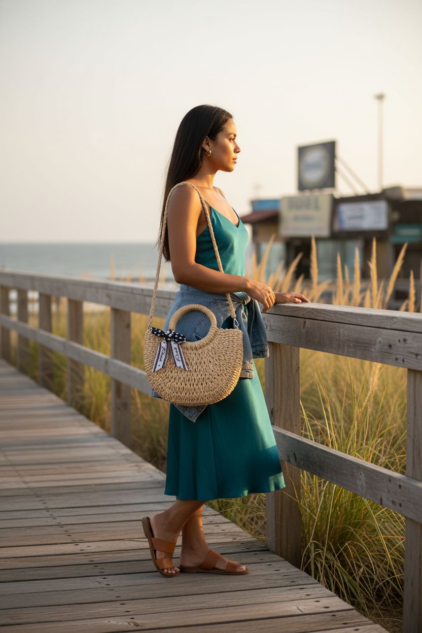 Dailyacc straw shoulder bag with round handles and braided strap in warm golden light.