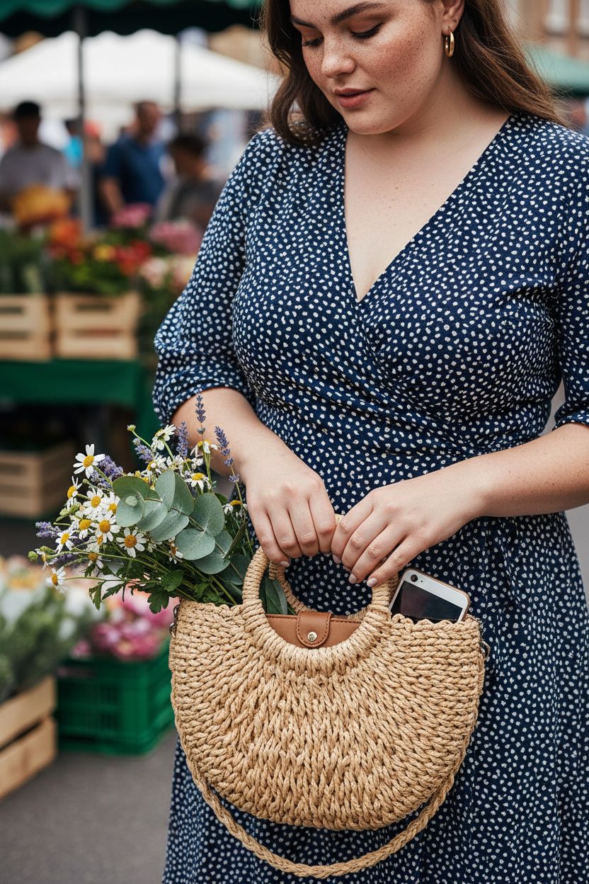 Dailyacc woven straw purse with bouquet and lined interior at an urban market.