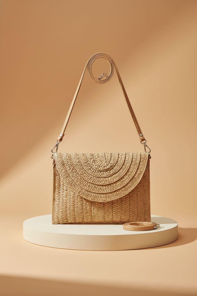 COOKOOKY straw crossbody bag displayed on a pedestal, highlighting its elegant woven texture.