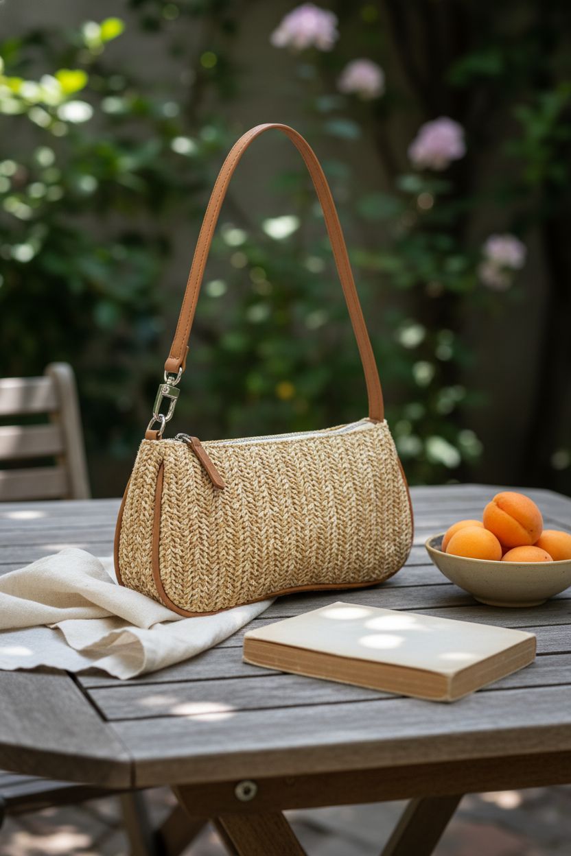 Verdusa straw handbag on a garden table with fresh apricots and a book