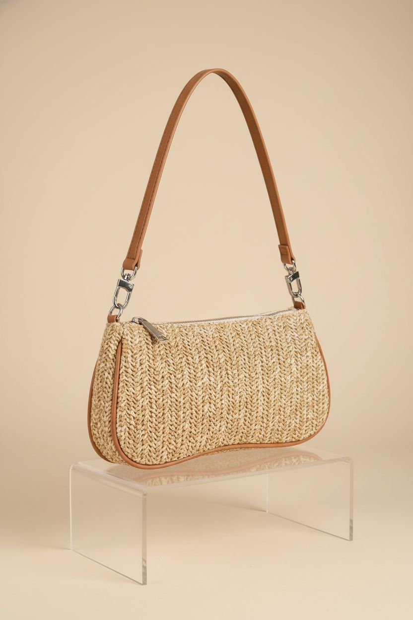 Close-up of Verdusa khaki straw purse showcasing texture and craftsmanship