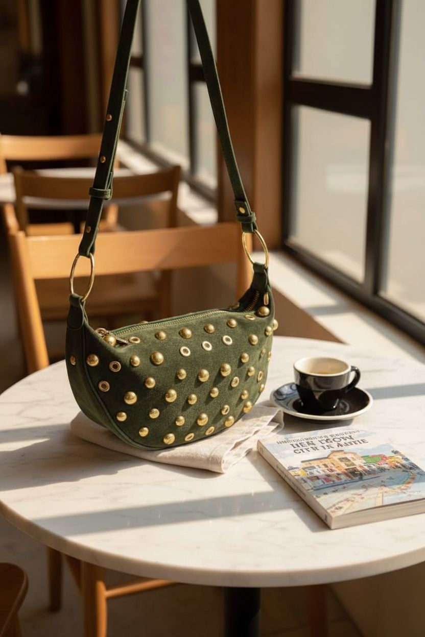 OWGSEE green crescent bag elegantly placed on marble table in café