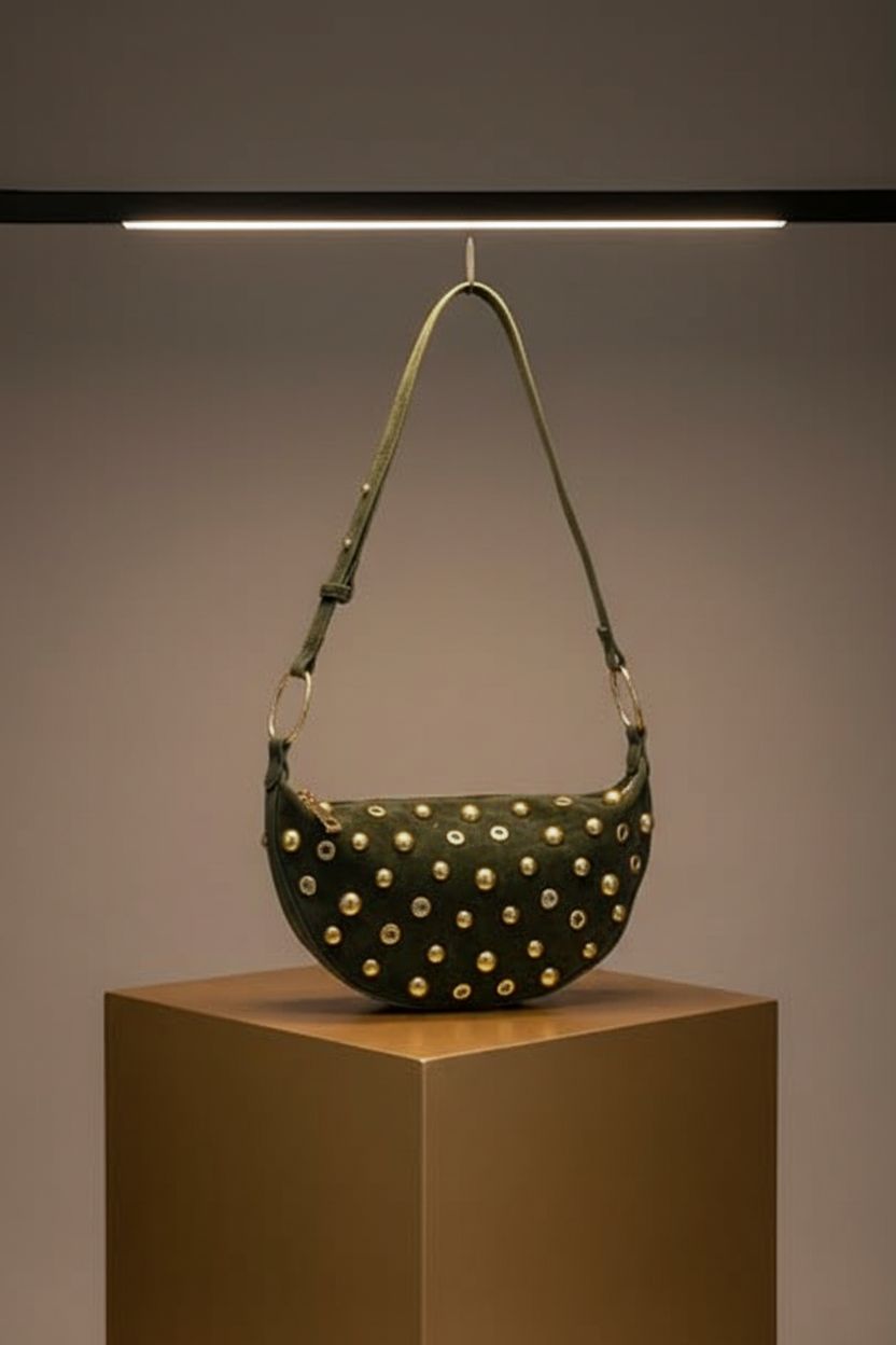 Detailed view of OWGSEE green studded bag on matte gold cube background