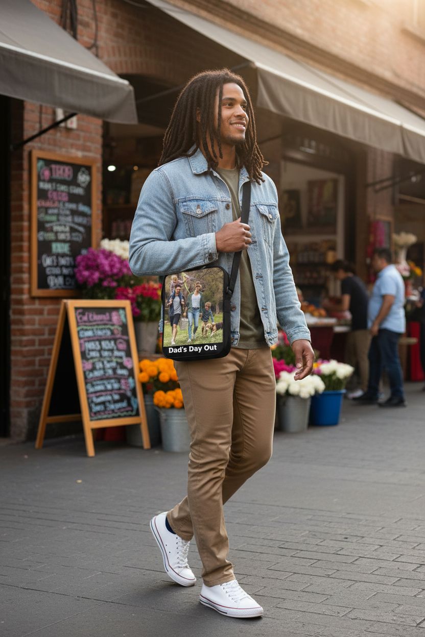 Paterr crossbody sublimation bag displayed in a vibrant street market, showcasing a family photo design.