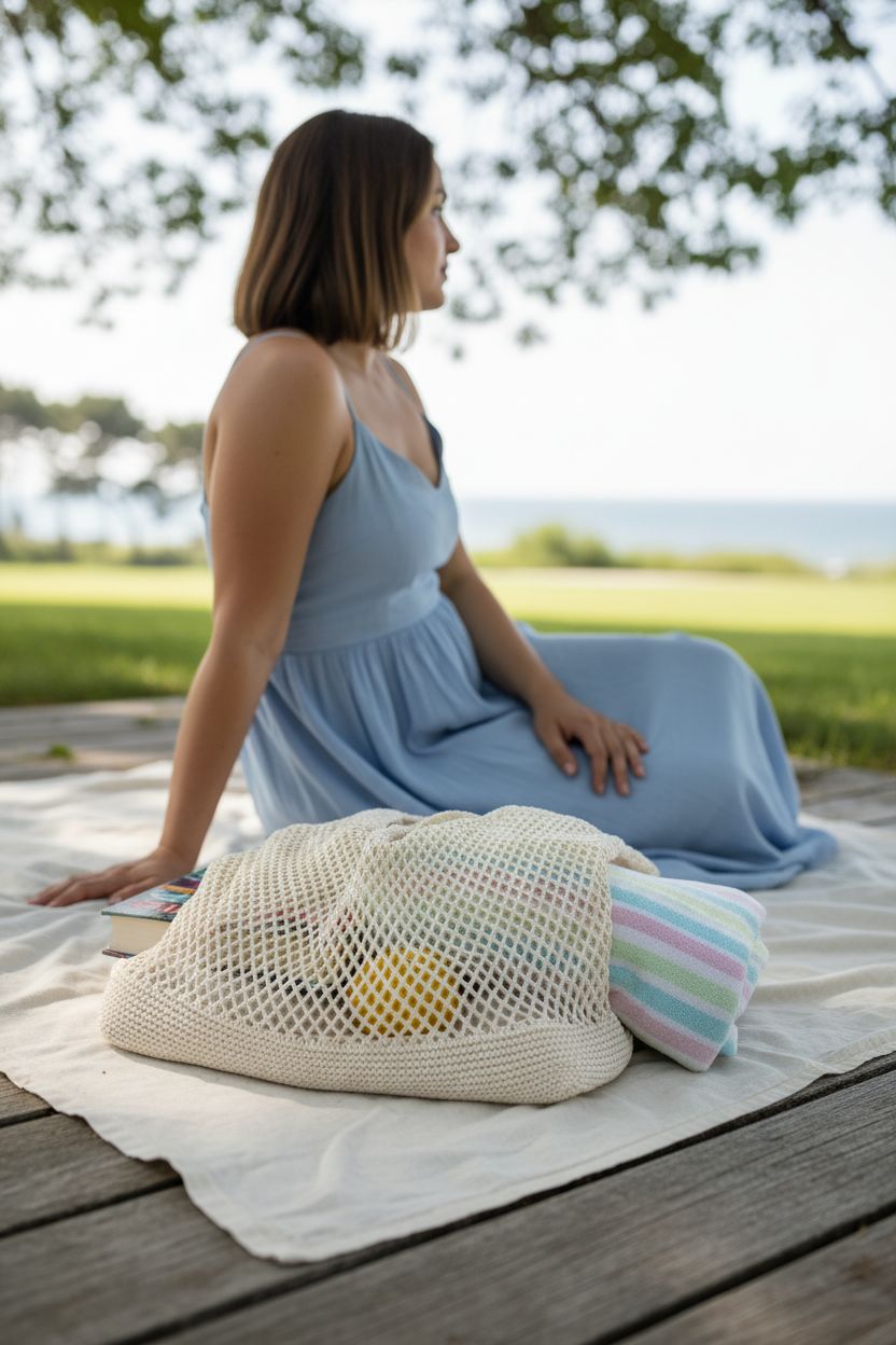 COOKOOKY crochet summer beach bag resting on a picnic blanket in a coastal park, surrounded by nature.