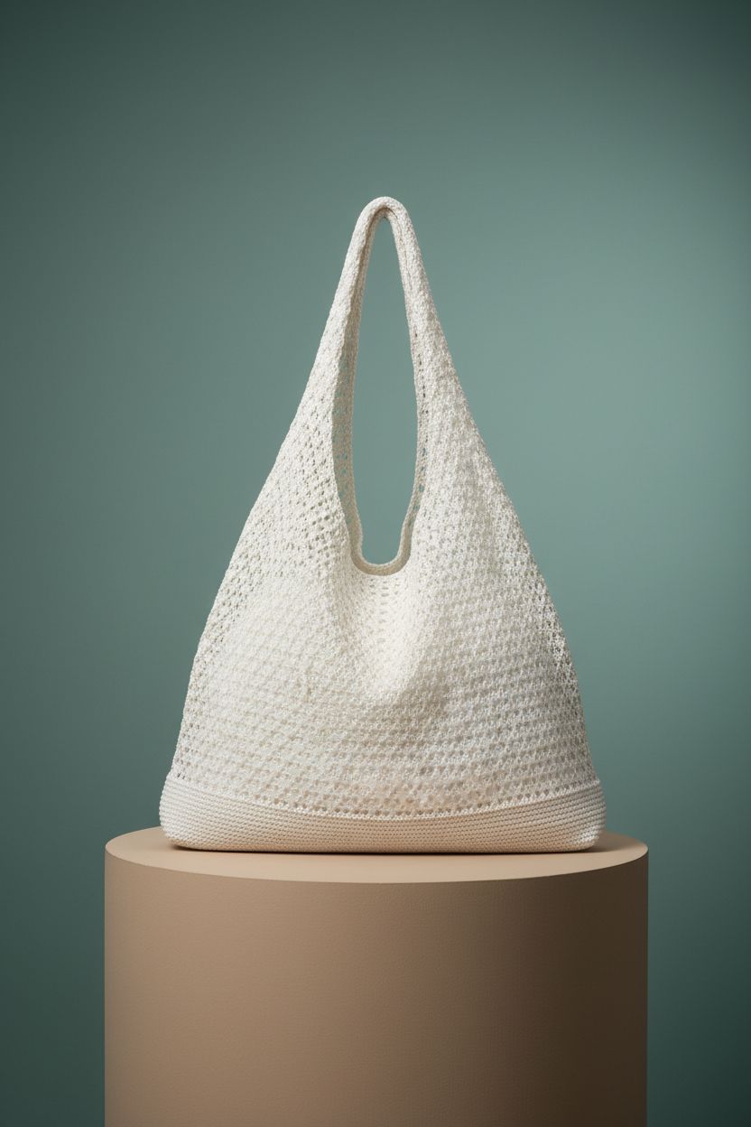 COOKOOKY beige beach tote bag on a sea-glass backdrop, highlighting its crochet design and spaciousness.