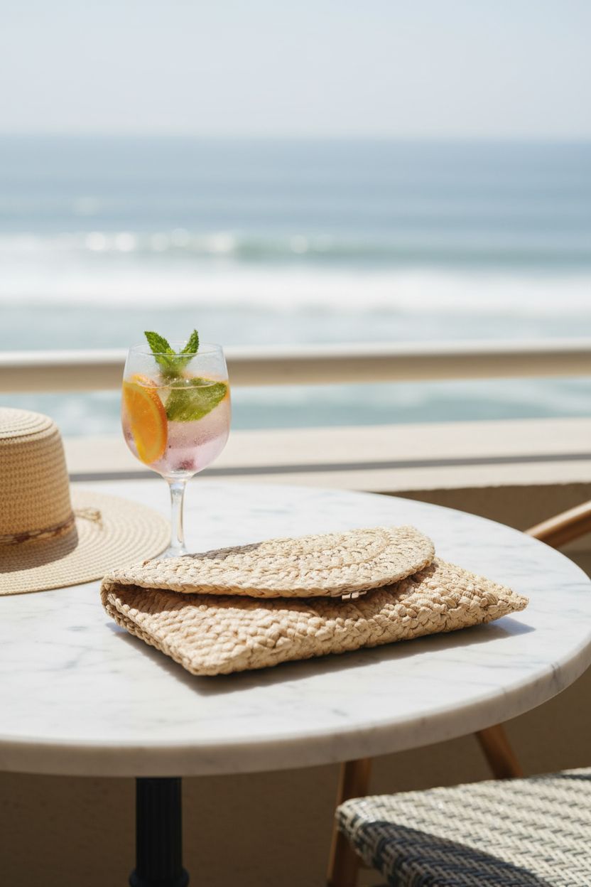 Freie Liebe straw clutch purse elegantly displayed on a marble table during a sunny brunch.
